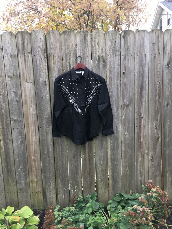 Vintage 80's Gitano Black Button Up with Jewels a… - image 2