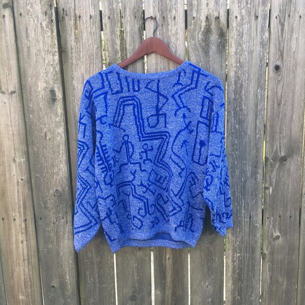 Vintage 80's unbranded Blue on Blue Patterned Knit Long Sleeve Sweater Size Small