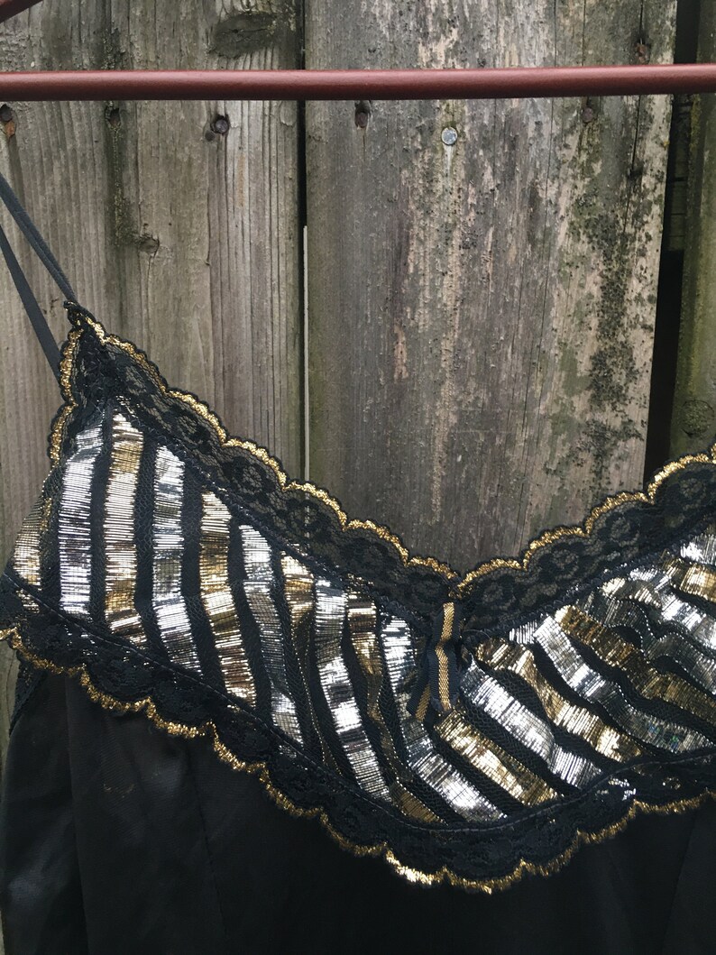 Vintage 80/'s Stroke of Midnight Black and Gold NightieDress