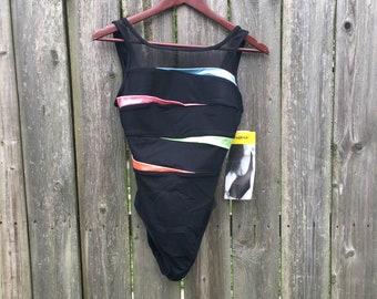 Vintage 1990's Longitude Black and Colorful One Piece Swimsuit with Mesh Top and Tags Size 8