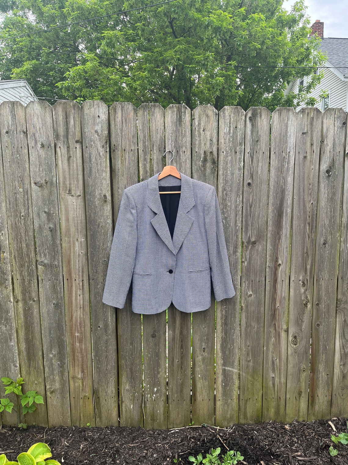 Vintage 80's California Jam Made in USA Black and Gray Houndstooth Button Up Blazer Jacket Size Medium, foto 2 di 5