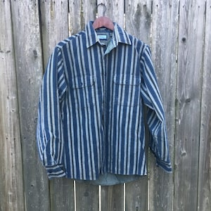 Vintage 80&#39;s Fieldmaster Perma-Prest Made in USA Blue Gray and Black Long Sleeve Insulated Button Up Flannel Jacket/Shirt Size Medium