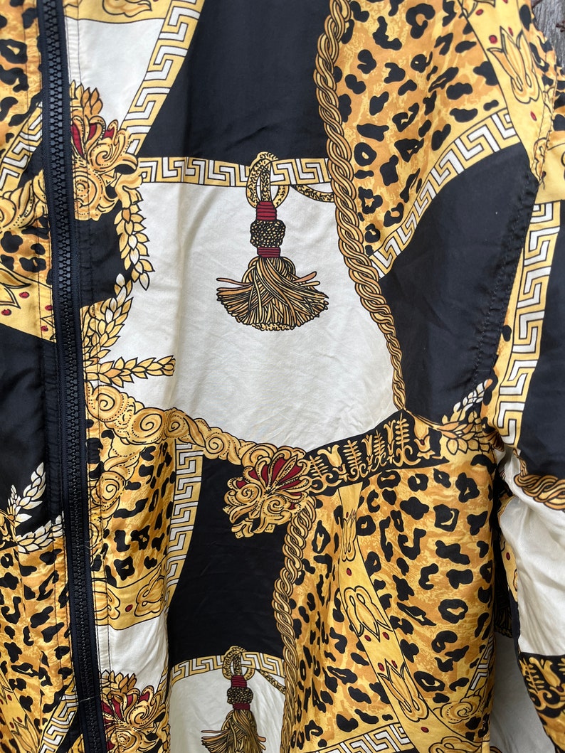 Vintage 90's AVON Style Animal Print and Gold Rope Tassel Pattern 100% Silk Zip Up Jacket Size Medium image 6