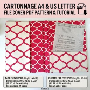 May include: A cartonnage file cover with a red and white quatrefoil pattern. The cover features interior pockets and holds a sheet of music titled LE PETIT NAVIRE. Text includes CARTONNAGE A4 & US LETTER FILE COVER PDF PATTERN & TUTORIAL.