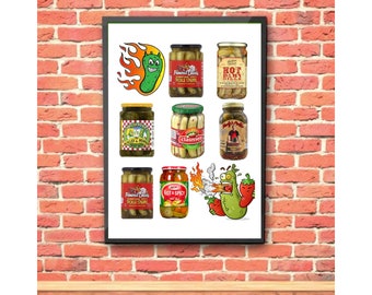 Spicey Pickles Poster, Condiment Wall Art, Condiment Poster, Hot Pickle Poster, Colourful Wall Art, Food Wall Art, Home Decor Wall Art