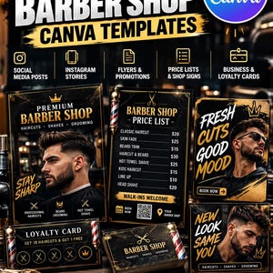 Canva-mallpaket för barbershop | 60+ inlägg på sociala medier, flyers, prislistor och visitkort