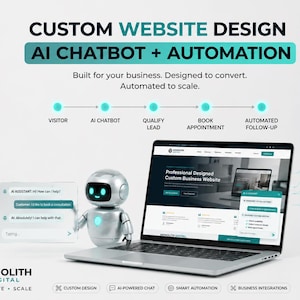 Anpassad webbdesign med AI-chatbot, responsiv webbutveckling, modern SaaS-verksamhet, smart integration