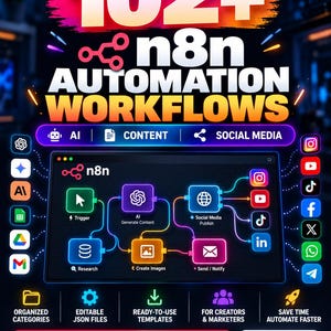 May include: A digital graphic featuring the text 102+ n8n AUTOMATION WORKFLOWS. The image displays a central n8n workflow diagram with nodes for AI, content, and social media, surrounded by various software icons and labels like READY-TO-IMPORT JSON.