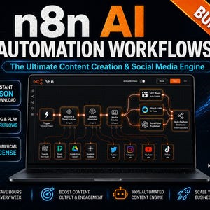 May include: A laptop screen displays an n8n AI automation workflow diagram with orange nodes and lines on a dark background. The text reads n8n AI AUTOMATION WORKFLOWS, The Ultimate Content Creation & Social Media Engine, and MONOLITH DIGITAL.