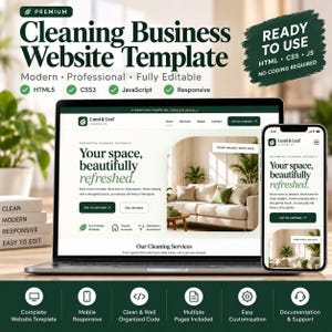May include: A premium cleaning business website template displayed on a laptop and smartphone. The screen shows a website for Lumi & Leaf with the text Your space, beautifully refreshed. Features include HTML, CSS, JS, and responsive design.
