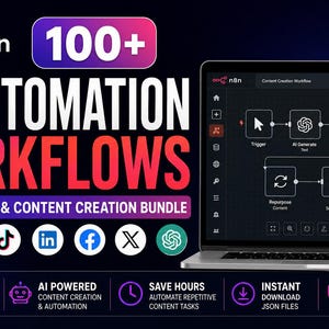 May include: A digital graphic for n8n AI automation workflows featuring a laptop displaying a content creation workflow diagram. The text reads 100+ AI AUTOMATION WORKFLOWS SOCIAL MEDIA & CONTENT CREATION BUNDLE with icons for Instagram, YouTube, TikTok, LinkedIn, Facebook, X, and ChatGPT.