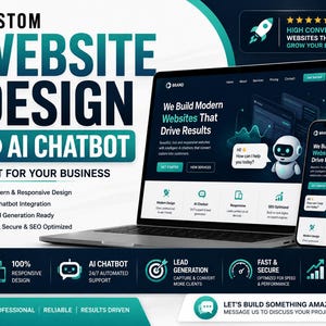 Pode incluir: Um computador portátil e um smartphone exibem um serviço de design de sites com integração de chatbot de IA. O texto diz Custom Website Design + AI Chatbot, com um pequeno robô e vários ícones de serviço.