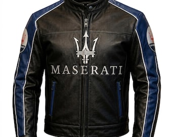 Herr Maserati Racing-jacka i läder, svart, blå, trident, vintage, motorsport, ytterkläder, gåva