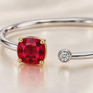 Cushion Cut Open Cuff Bangle, Two Stone Ruby Diamond Bracelet, Dainty Bezel Red Gemstone Torque Cuff, July Birthstone Gift