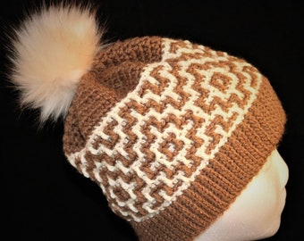 Adult Mosaic Style Beanie, Cap, Hat, Slouch, with Faux Fur Pom Pom
