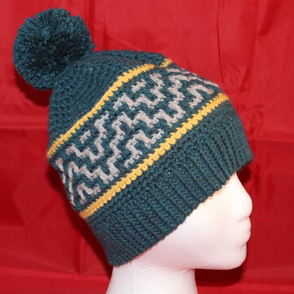 Adult Mosaic Style Beanie, Cap, Hat, Slouch, with Pom Pom