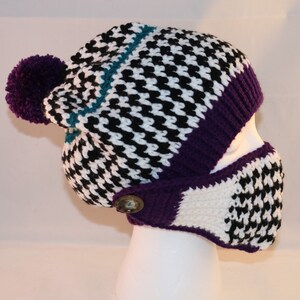 Beanie Slouched Winter Hat with Herring Bone Design, Detachable Face Mask Pom Pom (*mask included)