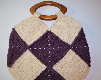 Crochet Vintage Style Granny Square Lined Purse with Wooden Oval Handle