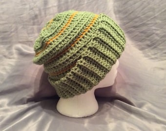 Adult Crochet Slouch, Beanie, Skull Cap, Winter Hat in Green and Gold