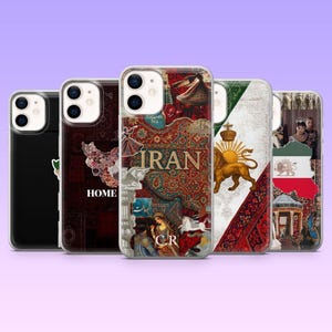 May include: A collection of five smartphone cases featuring diverse designs, including a dark patterned case with the word HOME, a central case displaying a map of Iran with the text IRAN and C.R, and cases showcasing a lion emblem and historical imagery.