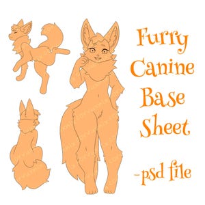 May include: A digital illustration of a canine character in three poses, colored in light orange with line art. The text reads Furry Canine Base Sheet -psd file. The character features large ears, a fluffy tail, and a standing, sitting, and back view.