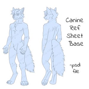 May include: A digital line art reference sheet base featuring a canine character in front and back views. The anthropomorphic figure has pointed ears, a fluffy tail, and paw pads. The text reads Canine Ref Sheet Base -psd file.