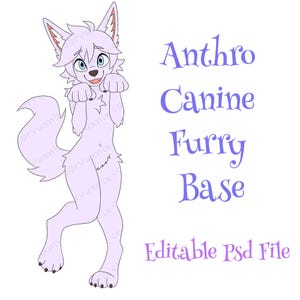 Op de afbeelding: Een digitale illustratie van een lichtpaars antropomorf hondenkarakter dat staat met de poten bij het gezicht. De tekst Anthro Canine Furry Base Editable Psd File staat in paarse letters aan de rechterkant van het karakter.