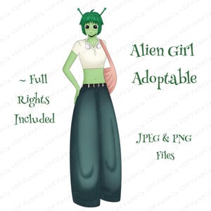 May include: A digital illustration of a green-skinned character with antennae, wearing a white cropped polo shirt, dark wide-leg pants, and a pink shoulder bag. Text reads: Alien Girl Adoptable, Full Rights Included, JPEG & PNG Files.
