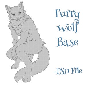 May include: A gray line art illustration of an anthropomorphic wolf in a crouching pose, featuring a fluffy tail and fur details. The text "Furry wolf Base -PSD File" is written in blue on the right side of the image against a plain background.