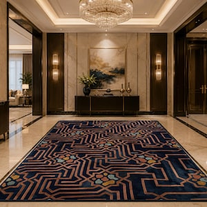 Navy Blue Geometric Maze Area Rug, Terracotta Accent, Modern Living Room Decor
