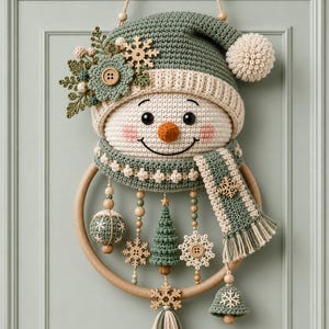 May include: A crochet snowman wall hanging featuring a sage green hat with a cream pom-pom, a matching scarf, and a wooden hoop base. The snowman has a carrot-coloured nose, rosy cheeks, and is decorated with wooden snowflake charms and beads.