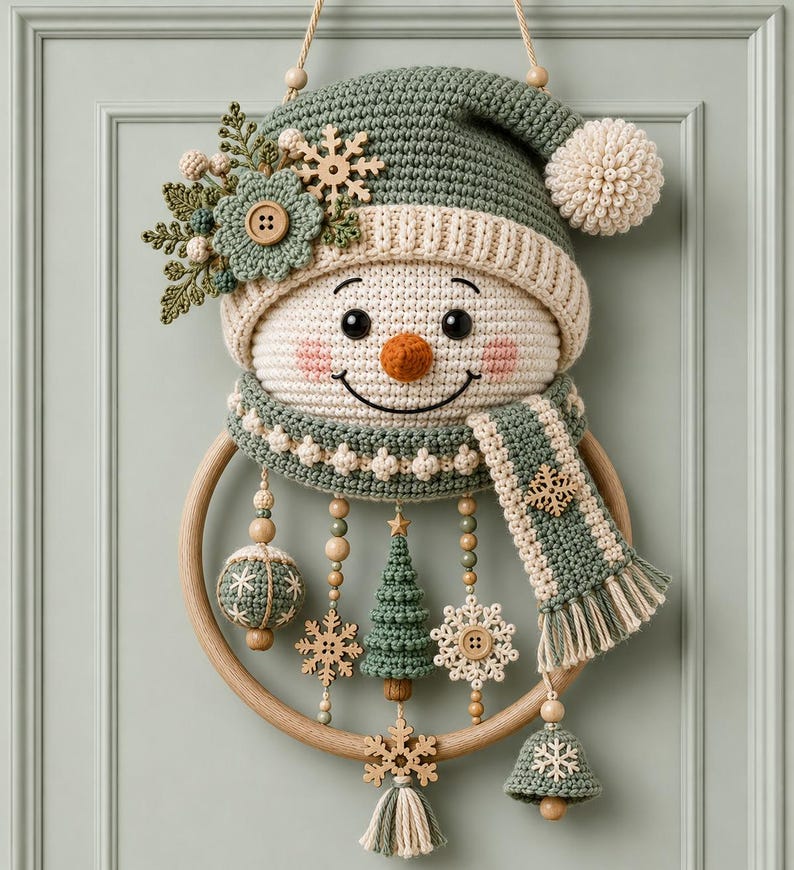 May include: A crochet snowman wall hanging featuring a sage green hat with a cream pom-pom, a matching scarf, and a wooden hoop base. The snowman has a carrot-coloured nose, rosy cheeks, and is decorated with wooden snowflake charms and beads.