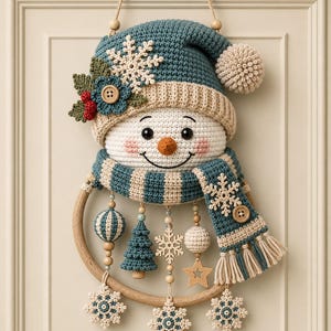 May include: A crocheted snowman wall hanging featuring a blue and beige hat with a snowflake and flower, a striped scarf, and a wooden hoop base. Dangling from the hoop are crocheted ornaments including trees, stars, and snowflakes on wooden beads.