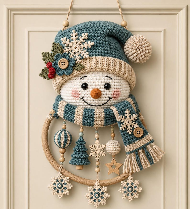 May include: A crocheted snowman wall hanging featuring a blue and beige hat with a snowflake and flower, a striped scarf, and a wooden hoop base. Dangling from the hoop are crocheted ornaments including trees, stars, and snowflakes on wooden beads.