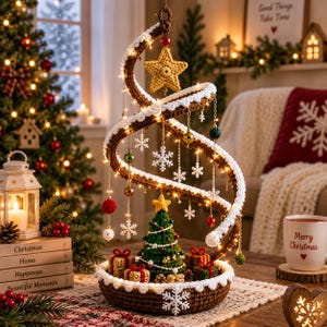 Può includere: Una decorazione per albero di Natale all'uncinetto a forma di spirale con una struttura marrone e bianca, una stella gialla in cima e fiocchi di neve bianchi appesi. Un piccolo albero verde e dei pacchetti regalo si trovano alla base.