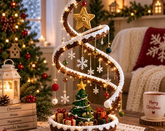 May include: A spiral-shaped crochet Christmas tree decoration featuring a brown and white textured structure, a yellow star topper, and hanging white snowflake ornaments. A small green crochet tree and several miniature gift boxes sit at the base.