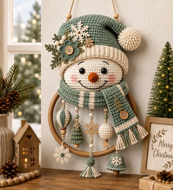 Crochet Snowman Wreath Pattern PDF, Christmas Door Hanger, Winter Wall Decor