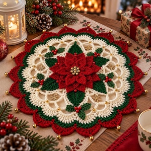 Può includere: Un centrino natalizio rotondo all'uncinetto con un fiore di stella di Natale rosso centrale e foglie verdi, circondato da un bordo in pizzo bianco, bordi smerlati rossi e piccole perline dorate con accenti di fiocchi di neve.