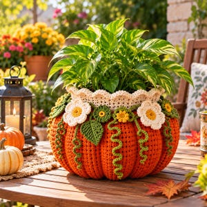 Pumpkin Planter Crochet Pattern PDF, Daisy Flowers, Autumn Plant Pot Cozy, Fall Home Decor