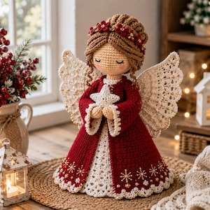 Julängelmönster PDF | Amigurumi-docka med stjärna och spetsvingar | Avancerad handledning