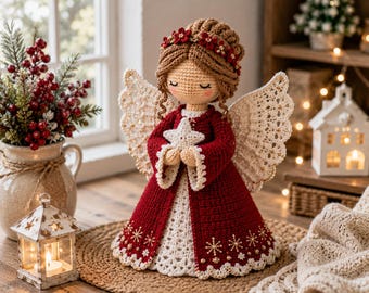 May include: A crocheted angel doll with light brown hair, a red dress with white snowflake embroidery, and white lace wings. The doll holds a small white star in its hands and wears a red floral headband. The figure features closed eyes.