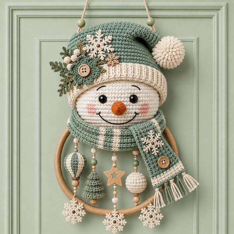 May include: A crocheted snowman wall hanging featuring a sage green hat with a white pom-pom, a matching scarf, and a wooden ring base. The snowman is decorated with crocheted snowflakes, a wooden star, a small tree, and dangling wooden beads.