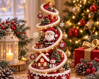 May include: A spiral-shaped crocheted Christmas tree decoration in red and white, topped with a gold star. It features miniature crocheted figures including Santa Claus, a snowman, a house, small trees, gift boxes, and hanging snowflake ornaments.