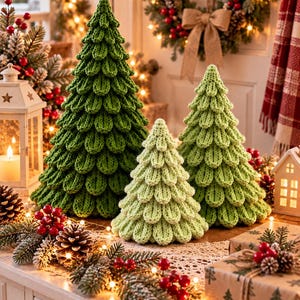 Könnte beinhalten: Drei dekorative Weihnachtsbäume aus grünem Garn mit einem strukturierten, geschichteten Strickmuster. Die Bäume variieren in Höhe und Farbton, von einem tiefen Waldgrün bis zu einem helleren, blassen Grün, und stehen auf einer flachen Oberfläche.
