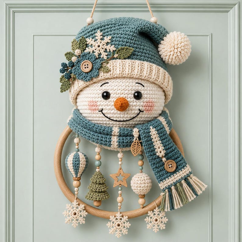 May include: A crocheted snowman wall hanging featuring a teal hat with a white pom-pom, a matching teal scarf, and a wooden ring base. The snowman is decorated with a white snowflake, a teal flower, and wooden buttons. Dangling ornaments include crocheted trees, stars, spheres, and snowflakes.