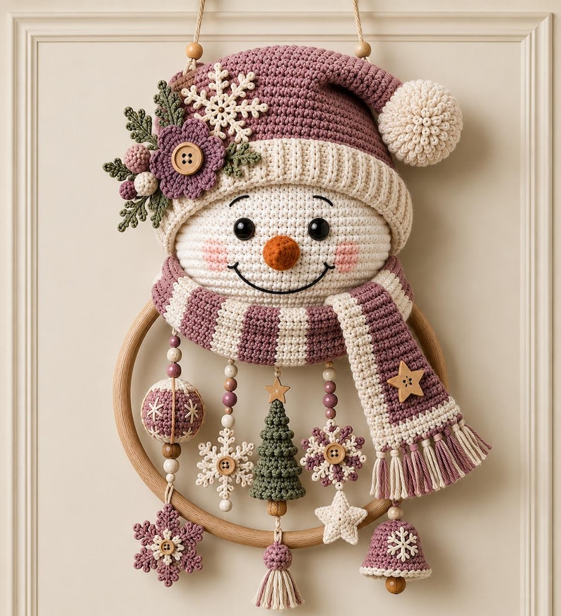 May include: A crocheted snowman wall hanging featuring a mauve hat with a white pom-pom, a striped mauve and white scarf, and a wooden hoop base. Dangling from the hoop are crocheted ornaments including snowflakes, a green tree, and a bell.