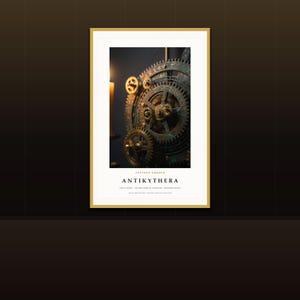May include: A framed wall art print featuring a detailed close-up of the Antikythera mechanism with bronze gears and Greek lettering. The text below reads ANCIENT GREECE ANTIKYTHERA, CIRCA 150 BCE - THE FIRST ANALOG COMPUTER, GREECE, PATNA.