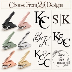 May include: Six handheld metal embossers in black, pink, sage green, silver, rose gold, and gold finishes. The text Choose From 24 Designs appears at the top. To the right, six black ink monogram and date stamp designs are displayed in a grid.