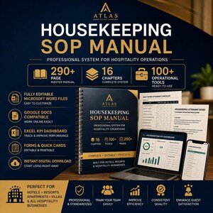 May include: A Housekeeping SOP Manual spiral-bound book with gold and white text on a dark blue cover. The set includes a laptop displaying a KPI dashboard, a smartphone showing a linen inventory list, and printed checklists for hotel operations.
