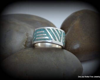 Super Sale, Recycled Silver, Inlaid Turquoise, Sleeping Beauty Turquoise, Size 4.75, Band, Handmade, Hand Carved, Gift